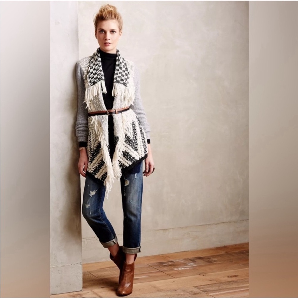 Anthropologie Moth Amba Fringe Open Front Sweater Cardigan Boho M Wool Alpaca - Picture 2 of 8